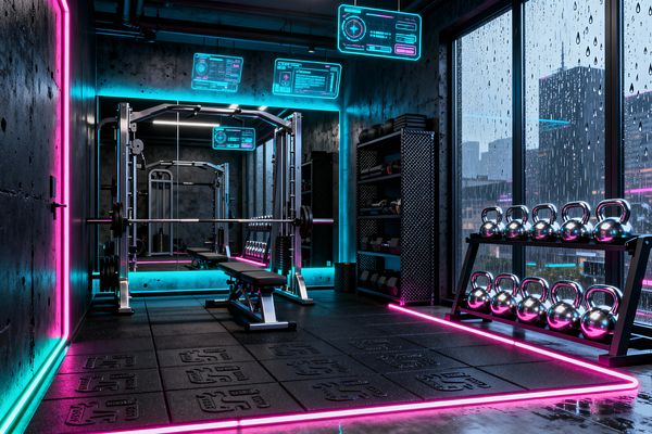 A compact home gym with raw concrete walls is illuminated by neon pink and cyan LED strips that trace the floor perimeter and mirror wall. A powder-coated steel power rack with an adjustable bench faces a wall-length mirror, with a black dumbbell shelf and chrome kettlebell rack on the right, embossed black rubber floor tiles underfoot, rain-streaked floor-to-ceiling windows revealing a city skyline, and floating holographic-style screens near the ceiling.