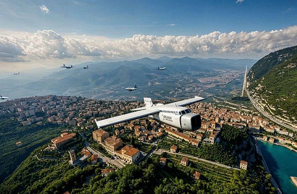 A stunning aerial view of a landscape featuring multiple aircraft flying over a picturesque town surrounded by mountains.