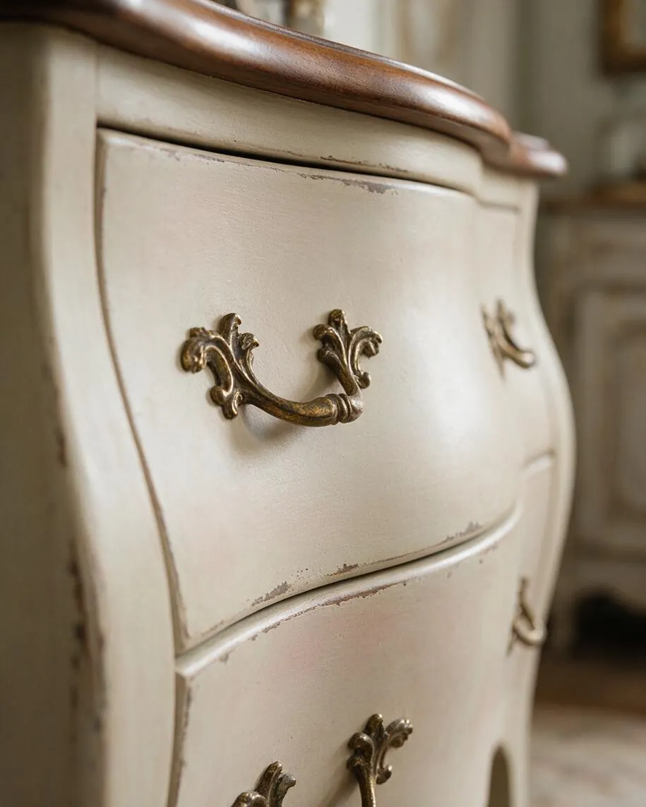 A close-up of a French Country-style dresser or commode with a curved cream-painted front, aged edges, and ornate brass drawer pulls. The top appears to be a warm wood finish, adding contrast to the softly distressed painted surface.