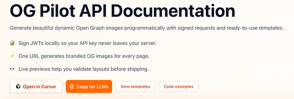Screenshot of the Ogpilot documentation page showing a header, navigation sidebar, and main content area with an example of API response.