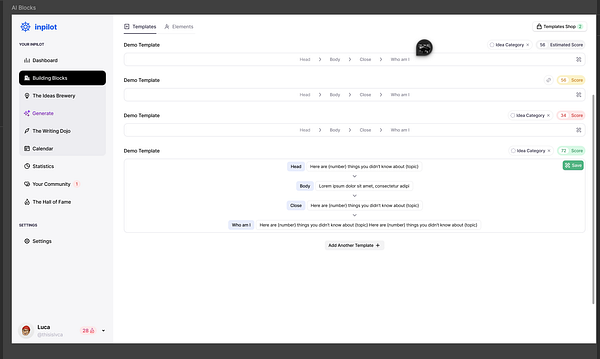 The image displays a user interface for a tool called 'inpilot' focused on managing templates.