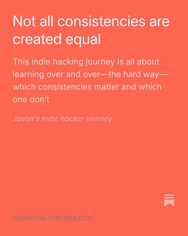 The image features a newsletter titled 'Not all consistencies are created equal' with a brief description of an indie hacking journey.