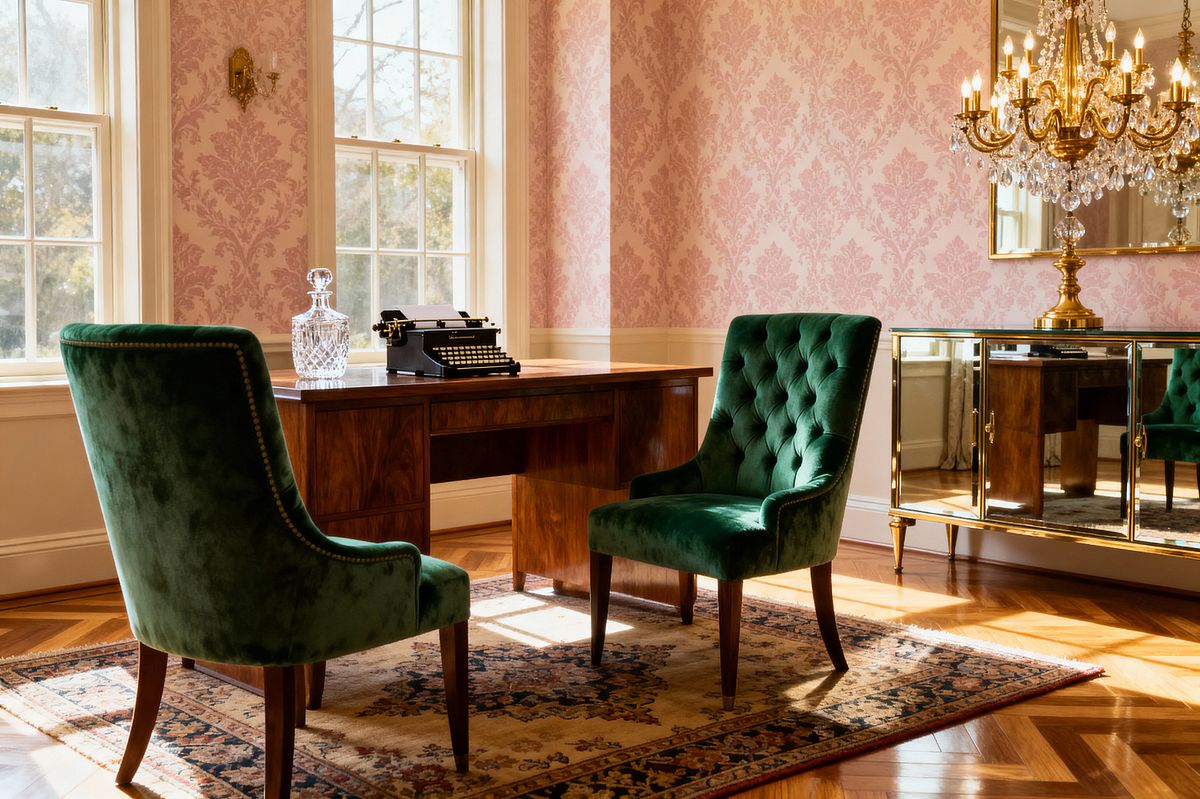 Room AI – Emerald Velvet Home Office with Blush Damask - Interior