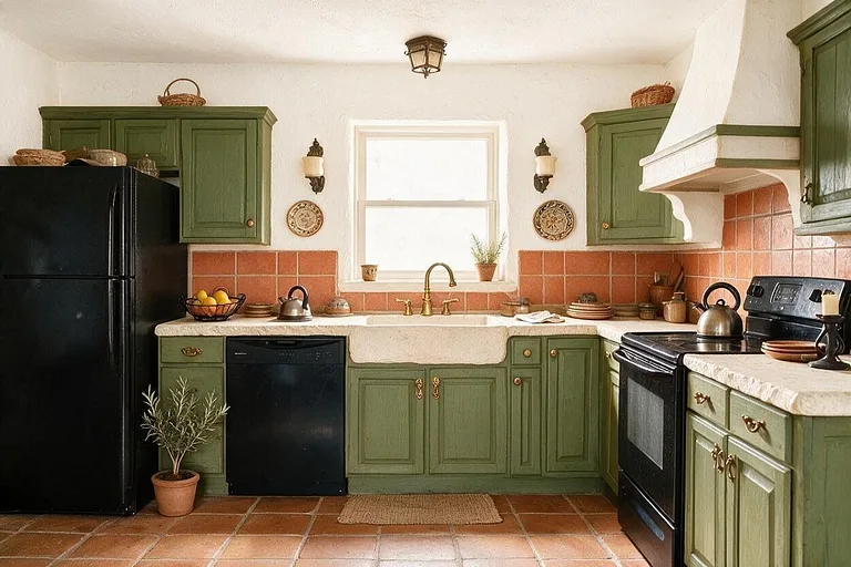 A Mediterranean kitchen in the Olive and Terracotta palette: lime white, olive green, terracotta, cream stone, and aged brass