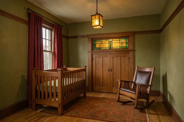 A Craftsman-style nursery with olive green walls, wood trim, and a wooden crib placed beside a tall window with deep red curtains. A stained-glass transom sits above built-in cabinetry, and a wooden rocking chair rests on a patterned rug under a pendant light.