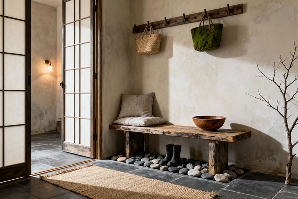 A serene mudroom shows a rough-hewn wooden bench spanning a recessed bed of smooth river stones, with black boots tucked beneath. A linen cushion and a carved wooden bowl rest on the bench. Above, a weathered wood peg rail holds a woven basket and a moss-green tote. Textured plaster walls, shoji-style sliding doors, and a small wall sconce create soft, warm light. Charcoal slate floor tiles and a natural jute runner lead to a corner with a bare decorative branch.