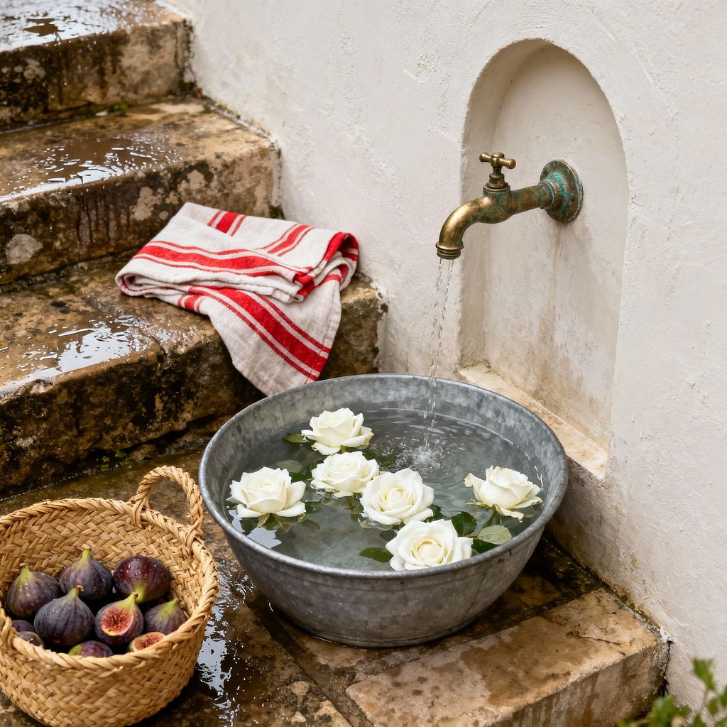 A weathered stone patio step meets a white stucco wall with an arched niche and an aged brass spigot running into a galvanized basin holding floating white roses. A red-and-cream striped linen towel rests on the wet steps beside a small woven basket filled with fresh figs, highlighting rustic textures, earthy tones, and a serene, rain-kissed setting.