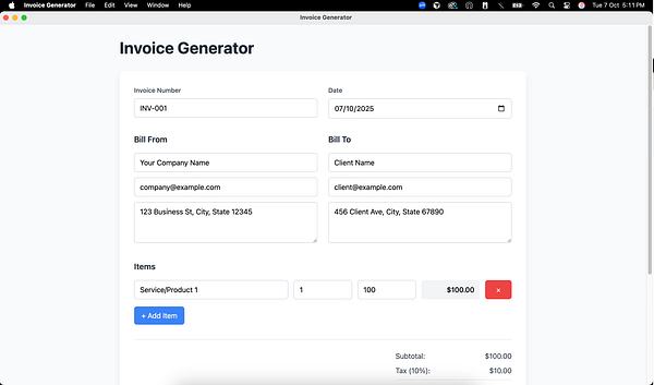The image displays an invoice generator interface for a desktop application.