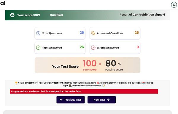 The image displays the results of a driving test focused on car prohibition signs, showing a perfect score.