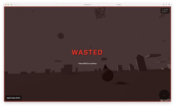 The image displays a game over screen with a dark, minimalist design featuring the word 'WASTED' prominently.