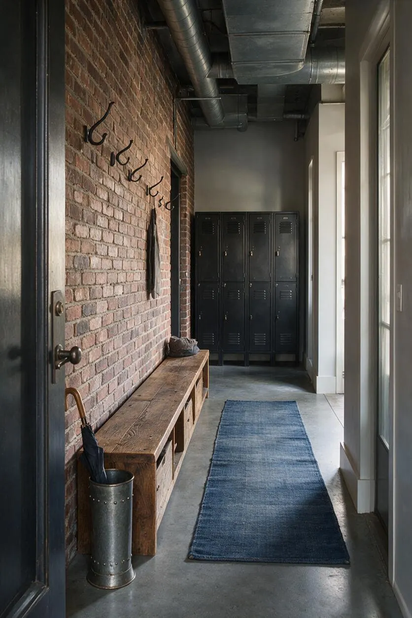 A narrow industrial-style front porch or entry hall with exposed brick walls, a concrete floor, and visible metal ductwork overhead. The space includes a long rustic wooden bench, black wall hooks, a blue runner rug, and matte black lockers at the far end.