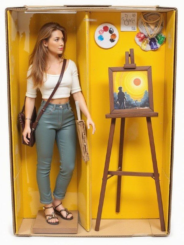 A detailed action figure of a young woman stands in a vibrant display box designed for artistic themes.