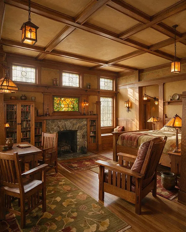 A Craftsman-style master bedroom with rich wood paneling, a coffered ceiling, and warm amber lighting. The room includes a stone fireplace, stained glass accents, a wooden bed, and matching Arts and Crafts furniture in a cozy, historic atmosphere.