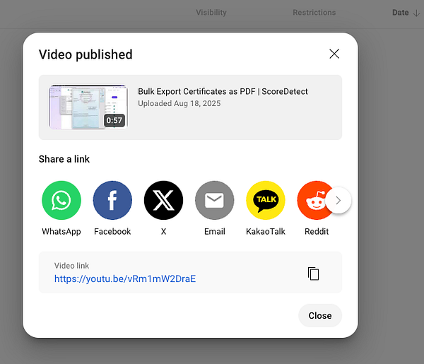 A video publication interface displaying details about a YouTube video on Export Certificates.