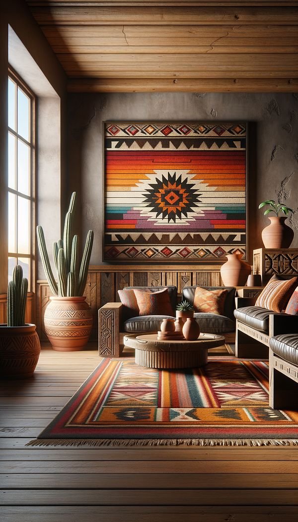 An interior living room showcasing Southwestern design style, featuring a vibrant Navajo rug, terracotta pots, and heavy wooden furniture.