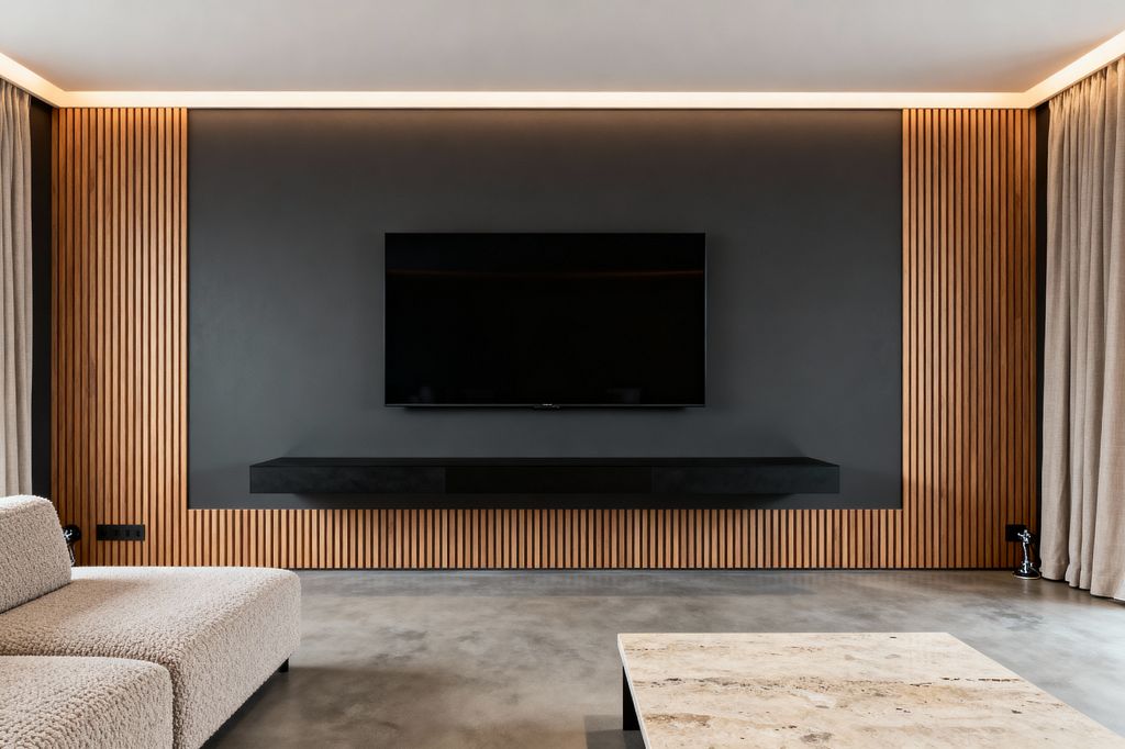 A minimalist media room features a charcoal-gray media wall bordered by vertical slatted oak, holding a wall-mounted flat-screen TV above a slim matte-black floating console. The space includes a polished concrete floor, a low cream bouclé sectional, a beige travertine coffee table with dark legs, full-height linen curtains on the right, warm perimeter cove lighting at the ceiling, and small black floor spotlights for subtle accents.