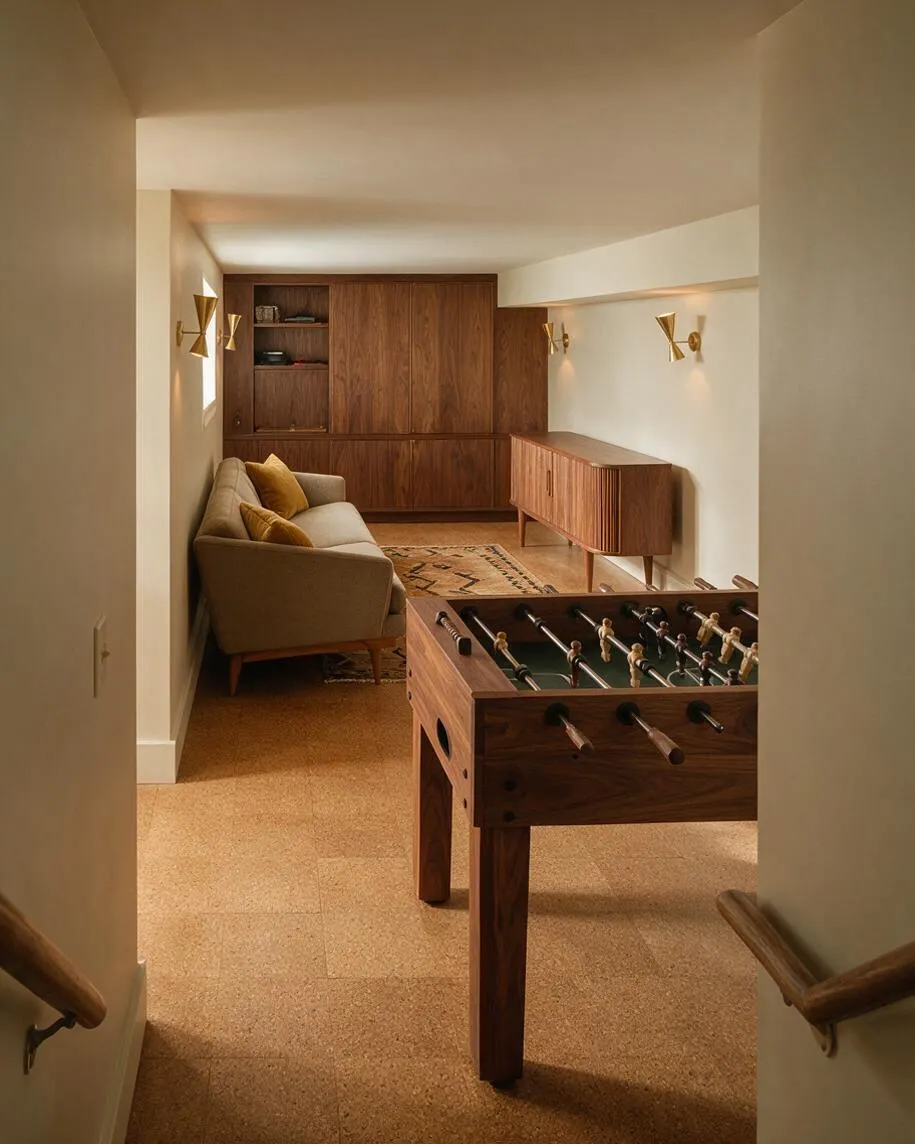 A narrow mid-century modern game room with a walnut foosball table in the foreground, a beige sofa with mustard pillows along the left wall, and a long walnut credenza and built-in storage at the back. Brass wall sconces, cream walls, and a patterned rug add warmth to the softly lit space.