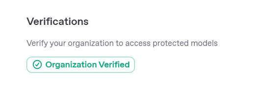 The image displays a verification status for an organization on the OpenAI platform.