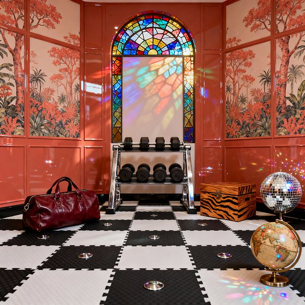 A maximalist home gym with glossy coral wall paneling and botanical mural inserts. An arched stained-glass window casts rainbow reflections across the room. In front sits a chrome dumbbell rack with black dumbbells on a black-and-white checker foam floor dotted with small metal insets. A burgundy leather duffel rests to the left, while a tiger-striped storage box, a small mirrored disco ball, and a vintage globe add playful accents.