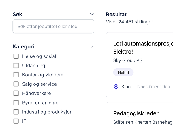Screenshot of a job listing interface showing open positions in the Norwegian municipality of Drammen with filtering options and job details.