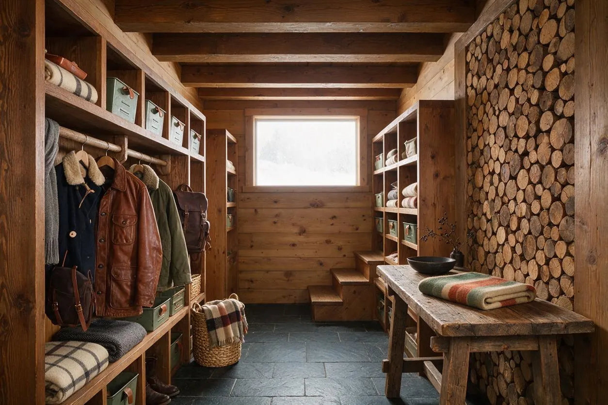 A rustic closet with built-in wooden shelving and hanging storage lines both sides of a narrow room. Log-slice wall cladding, exposed ceiling beams, a small window, stone tile floor, and a rough wooden table create a warm cabin-like atmosphere.