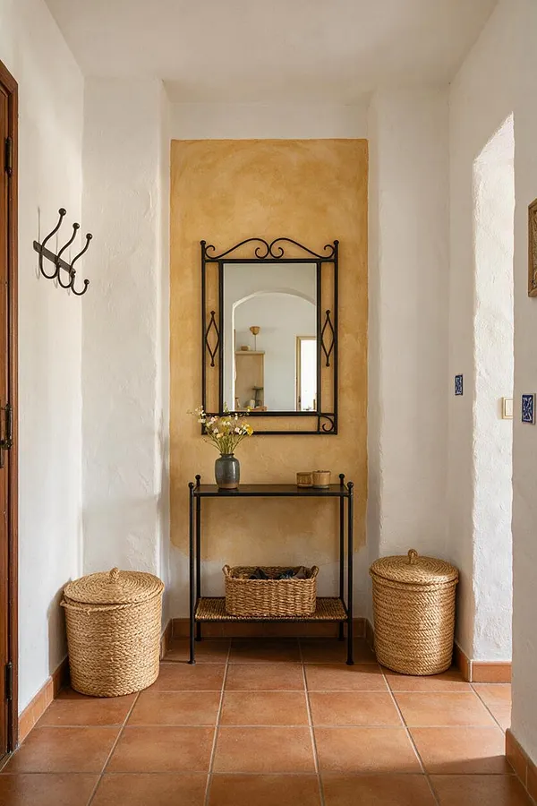 A narrow Mediterranean-style entryway with white plaster walls, terracotta floor tiles, and a central ochre accent niche. A wrought iron-framed mirror hangs above a slim black console table holding a vase of flowers and small decor, while woven basket stools sit on both sides of the console.
