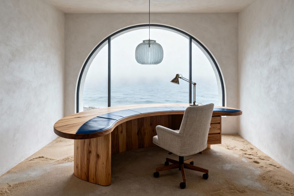 A minimalist coastal home office features a large arched window overlooking a misty ocean. At the center sits a custom curved oak desk with a navy leather inlay, paired with a light linen swivel chair on casters, a brass task lamp, and a ribbed glass pendant overhead; soft off-white plaster walls and a sand-dusted floor complete the serene, shoreline-inspired space.