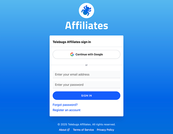 The image displays a sign-in form for the Telebugs affiliates portal.