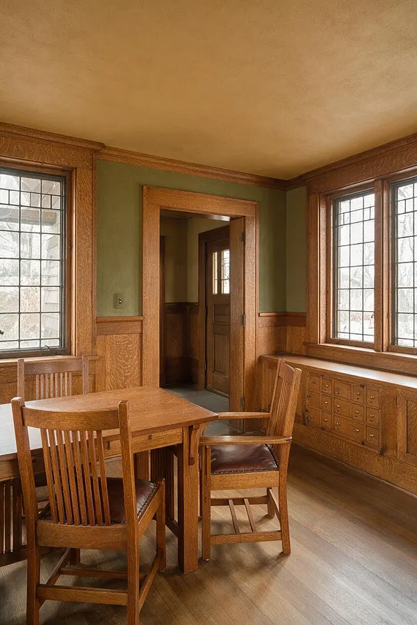 A Craftsman-style front porch interior with rich oak trim, green walls, and large leaded-glass windows. A small wooden table and matching chairs sit on the wood floor near built-in cabinetry, creating a cozy, timeless sitting area.