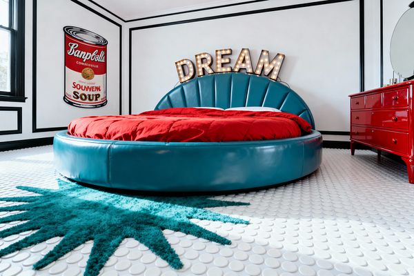 A pop art bedroom with a circular teal upholstered bed featuring a scalloped headboard and bright red bedding. Lit marquee letters spelling DREAM sit above the bed on white walls with black picture-frame molding. An oversized soup-can artwork hangs to the left, a glossy red dresser with an oval mirror stands to the right, and the floor is white penny-round tile with a teal starburst shag rug. A black-trimmed window brings in daylight.