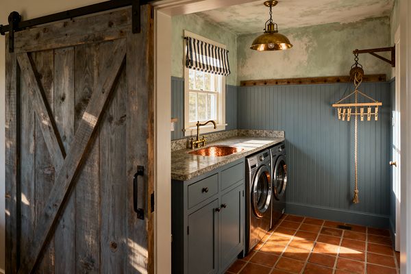 A compact farmhouse laundry room with blue-gray Shaker cabinets and beadboard, a speckled granite countertop with a round hammered copper sink and antique brass faucet, and side-by-side stainless front-load washer and dryer. Terracotta floor tiles, a sliding reclaimed-barn-wood door on black hardware, a brass dome pendant, and a striped Roman shade complete the space. A rope-and-pulley wooden drying rack hangs from a reclaimed-wood peg rail; mottled sage plaster walls and daylight add warmth.