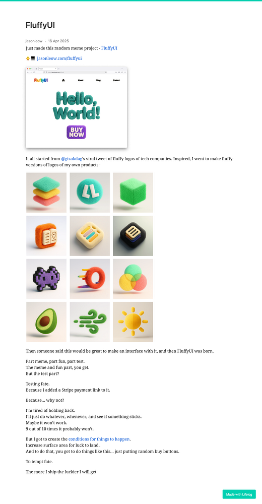 The image features a colorful web page design for a project called FluffyUI, showcasing fluffy versions of tech logos.