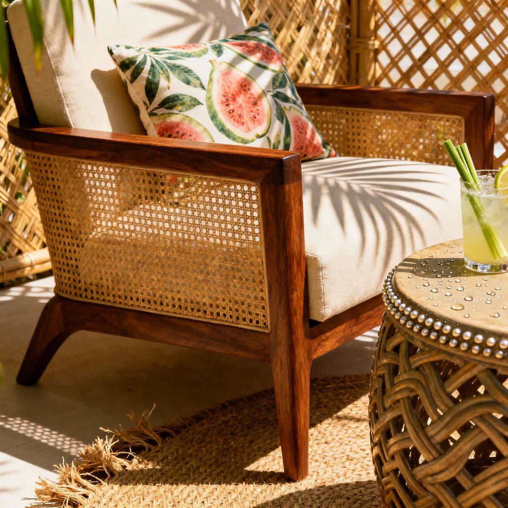 A close-up of a tropical living room corner shows a wooden armchair with cane webbing and ivory cushions topped by a guava-patterned pillow. Beside it, a woven rattan drum table with a hammered brass top holds a lime drink with lemongrass. A braided jute rug lies on light stone flooring, and a rattan lattice screen forms the backdrop. Sunlight filters through palm fronds, casting soft leaf shadows across the chair, table, and floor.