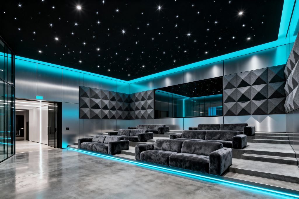 A large, futuristic media room features tiered platforms with deep gray velvet sofas and cyan LED strips tracing each step and ceiling cove. A black, fiber‑optic star ceiling adds sparkle above brushed metal wall panels and dark geometric acoustic panels. The floor is polished concrete, and a glass entry opens to an adjacent corridor. A wide interior window mirrors the lighting, emphasizing the theater-like layout and high-tech ambience.