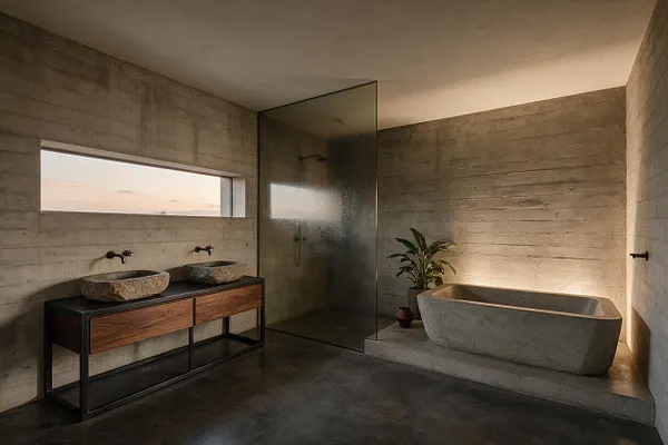 A Brutalist master bathroom with concrete walls and floor, a long rectangular window, a black metal vanity with wood drawers and two stone vessel sinks, a frosted glass shower partition, and a sculptural freestanding bathtub on a raised concrete platform with a small plant nearby.