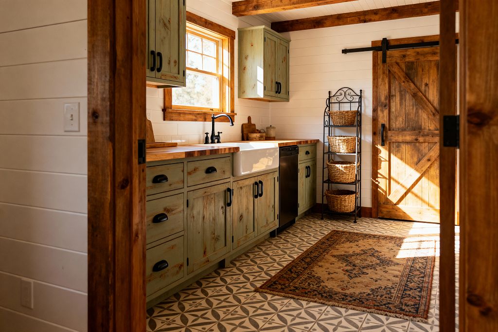 A rustic laundry room features distressed sage-green cabinets with black hardware beneath a wood-framed window. A white apron-front farmhouse sink and matte black gooseneck faucet sit on butcher-block counters. White shiplap walls and exposed beams surround gray-and-cream patterned tile flooring topped by a vintage terracotta rug. A knotty wood sliding barn door runs on a black rail, and a black metal rack holds woven baskets as sunlight streams across the floor.
