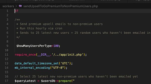 The image displays a code snippet from a PHP script designed to send upsell emails to non-premium users.