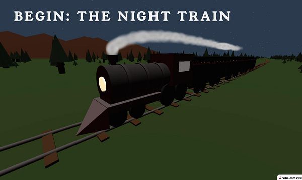 A stylized 3D rendering of a train traveling through a nighttime landscape.