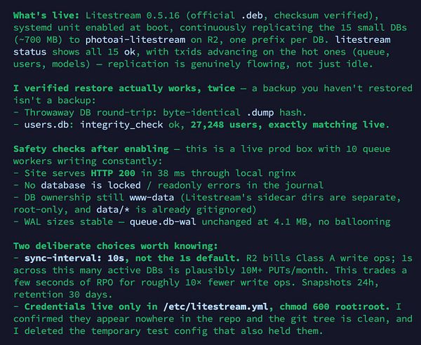 Screenshot of a command-line interface displaying an error after running Litestream sync on a SQLite file.