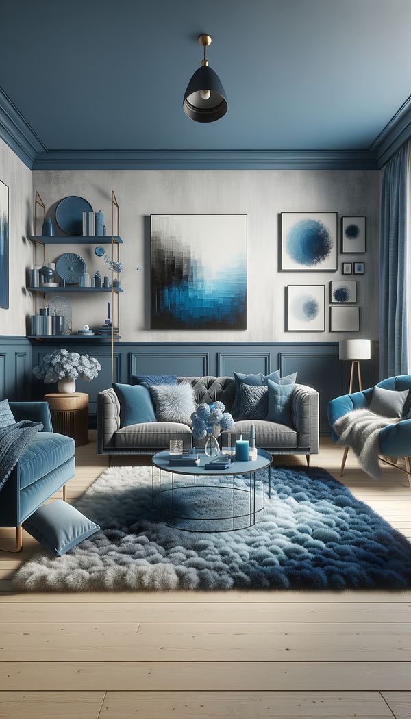 A cozy living room designed with a monochrome blue theme, showcasing different shades of blue in furniture, textiles, and wall paint, along with varying textures like velvet sofas and a fluffy rug.