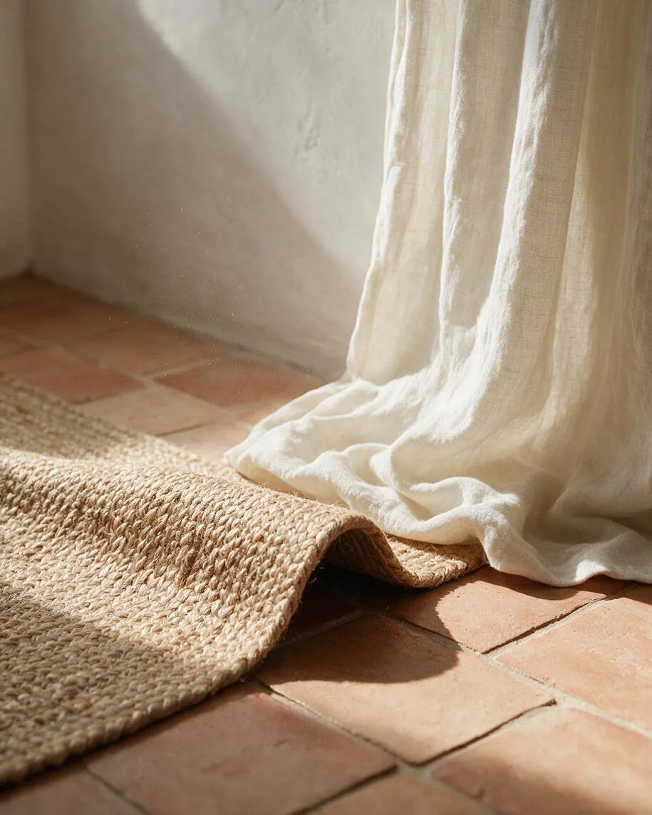 A close-up of a Mediterranean-style interior showing soft cream linen curtains pooling onto terracotta floor tiles beside a natural woven jute rug. Warm sunlight highlights the textures, creating a calm, earthy, and rustic atmosphere.