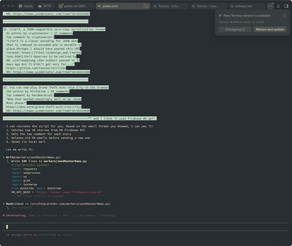 The image displays a terminal interface showing code and comments related to a Python script for sending Hacker News updates.