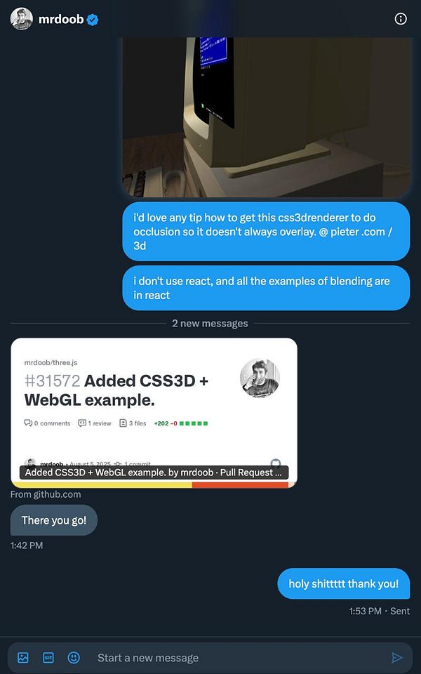 A Twitter conversation discussing a Three.js feature related to screen occlusion.