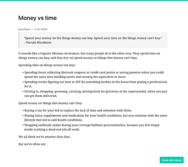 The image features a blog post discussing the concept of valuing money versus time.