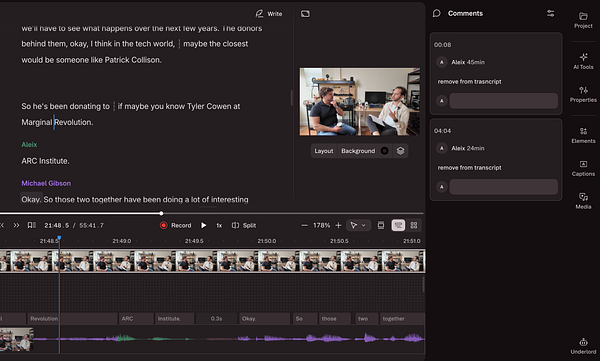 A detailed script editor interface showing many lines of text dialogue for episode #readfuture with complex formatting and timestamp codes.