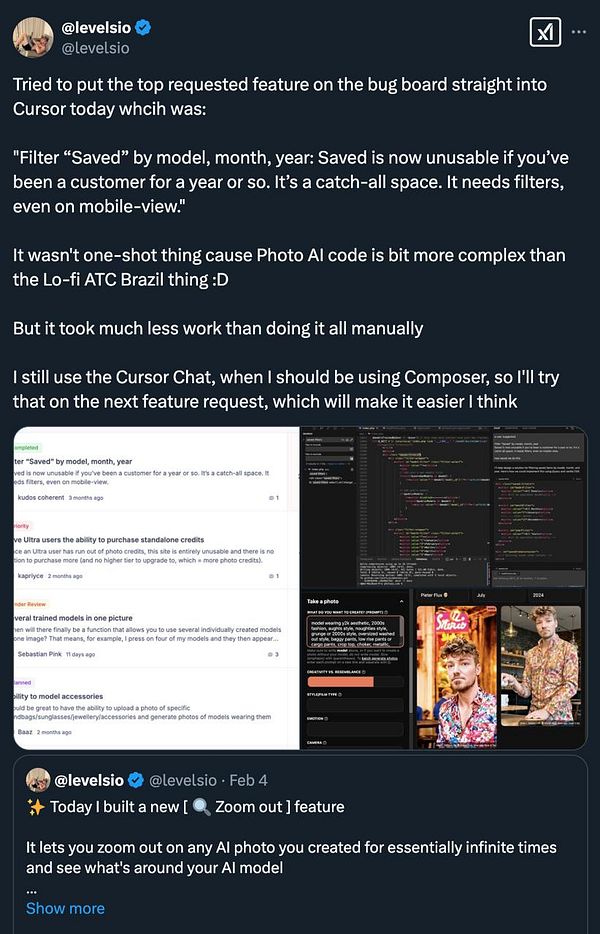 The image features a Twitter post discussing updates and features related to a photo AI application.