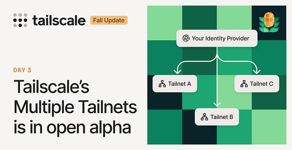 Announcement of Tailscale's Multiple Tailnets feature in open alpha with a diagram showing identity provider connected to multiple Tailnets.