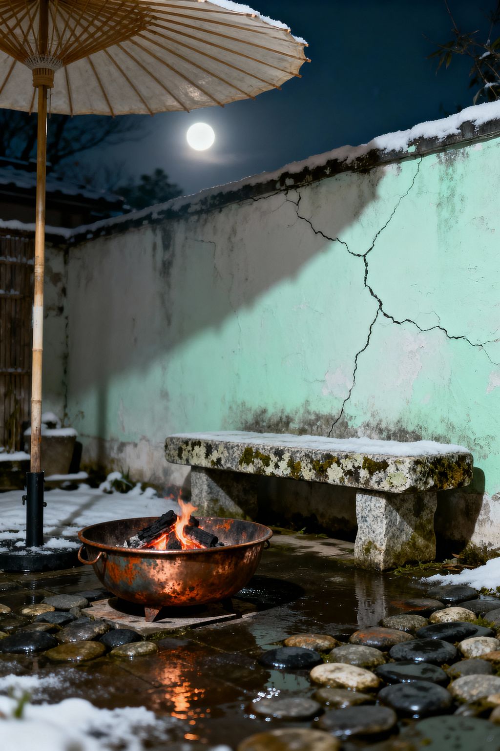 A small walled patio at night in winter shows a copper fire bowl burning among wet river stones. A moss-flecked granite bench dusted with snow sits against a cracked mint-green plaster wall, with snow lining the wall top; a large bamboo-and-paper parasol stands to the left, and the full moon glows overhead, reflecting in puddles and highlighting the weathered textures that define the space’s quiet, wabi-sabi character.