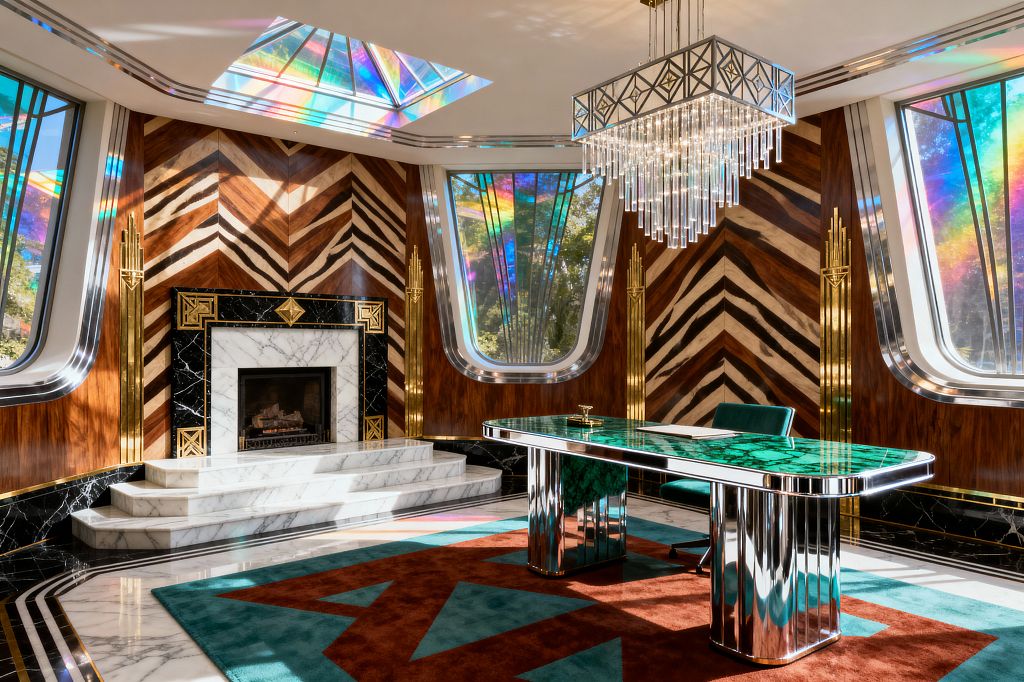 An Art Deco home office with chevron-patterned wood walls, a stepped white-marble fireplace framed in black marble with brass accents, and large curved windows plus a skylight that cast rainbow reflections. At center is a rounded desk with a green, malachite-like top and mirrored chrome legs, paired with a deep green chair. A tiered crystal chandelier and fluted brass sconces provide lighting. The floor is polished marble with a teal and rust geometric rug.