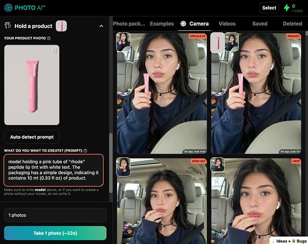 A model is holding a pink tube of lip tint while taking photos in a car.